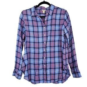 LL Bean Linen Women's Long Sleeve‎ Casual Top Plaid Shirt Blue Pink Medium
